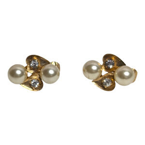 Dainty Gold Tone Metal & Pearl Cluster Clip On Earrings‎ 80s Vtg Womens Jewelry